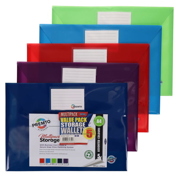Premto A4 Button Document Wallets - Assorted Pack of 5