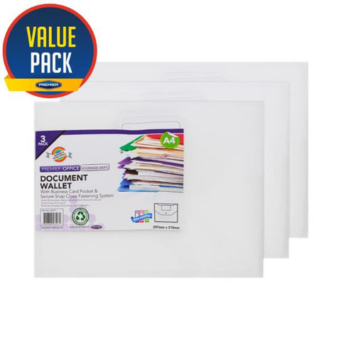 Premier Office A4 Clear Bag Button Wallets - Pack 3