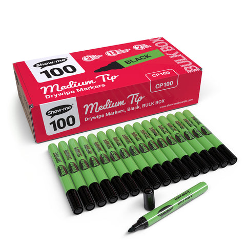 Show-me Pupils Slim Barrel Drywipe Pens Medium Tip Class Pack of 100 Black