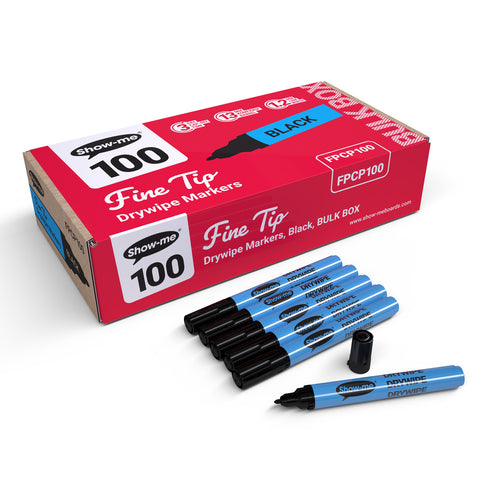 Show-me Pupils Slim Barrel Drywipe Pens Fine Tip Class Pack of 100 Black