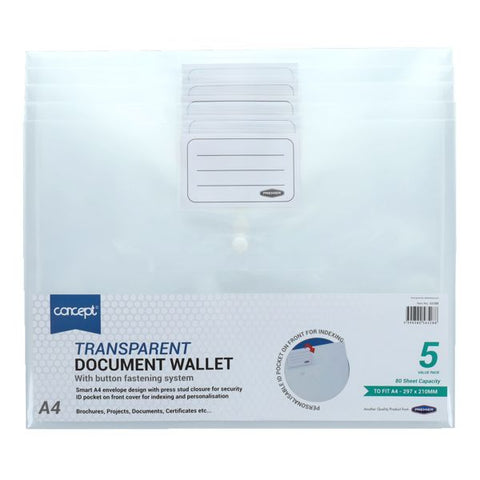 Premier Office A4 Clear Bag Button Wallets - Pack 5