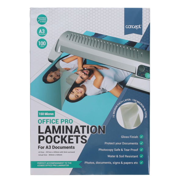 A3 Office Pro Laminating Pouches 150 Micron Pack 100