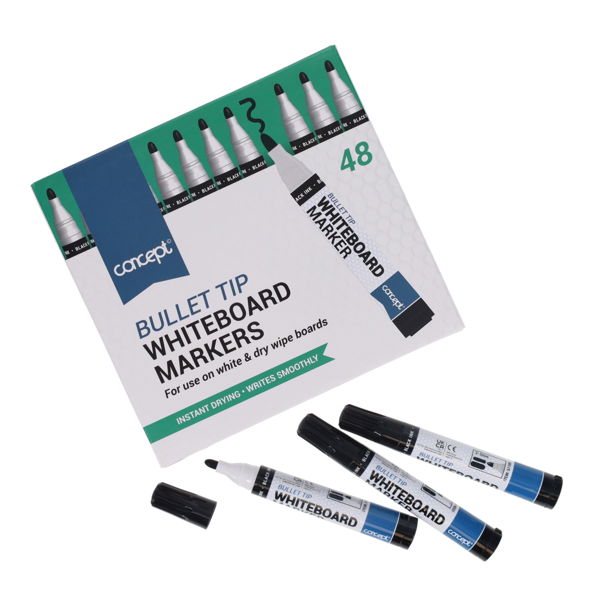 Concept Bullet Tip Whiteboard Markers - Black Box of 48