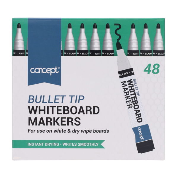Concept Bullet Tip Whiteboard Markers - Black Box of 48