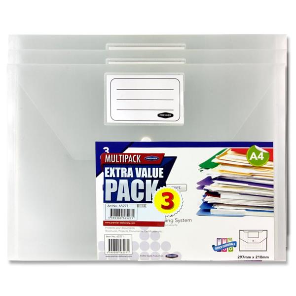 Premier Office A4 Clear Bag Button Wallets - Pack 3