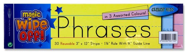 Clever Kidz Magic Wipe off Phrase Strips - Assorted Colours 3" x 12" Pack of 30