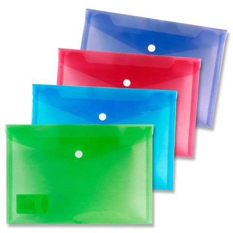 Premier Universal A5 Button Wallet Envelope Clear Pack 4 Assorted Colours