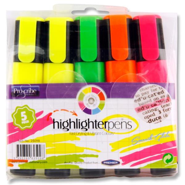 Proscribe Highlighters Assorted Pack 5