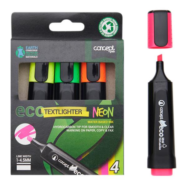 Concept Green Box 4 Assorted 1-4.5mm Eco Chisel Tip Textlighter - Neon