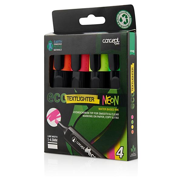 Concept Green Box 4 Assorted 1-4.5mm Eco Chisel Tip Textlighter - Neon