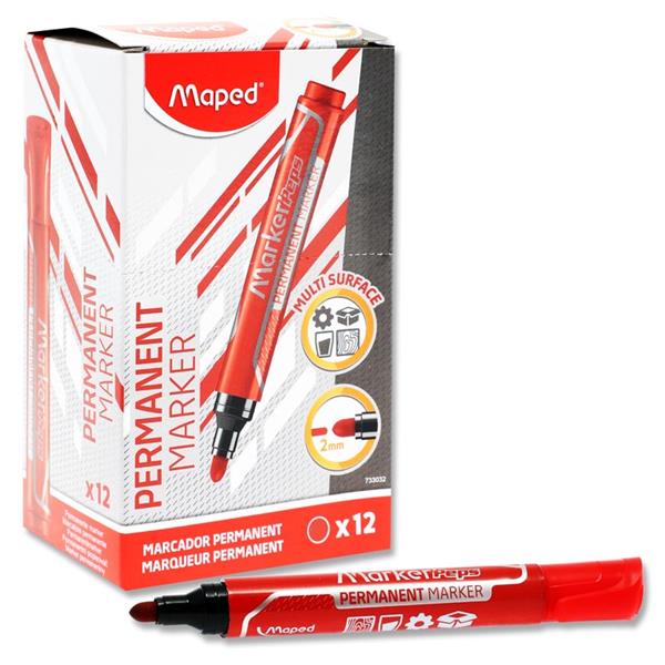 Maped Jumbo Bullet Tip Permanent Marker - Red Box 12