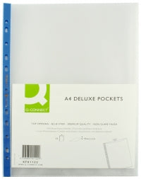 Q-Connect A4 Punched Pocket Deluxe Top Opening Blue Strip (Pack of 25)