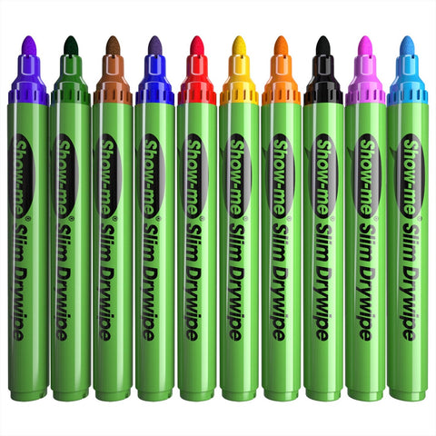 Show-me Pupils Slim Barrel Drywipe Pens Medium Tip Pack of 10 Assorted Colours