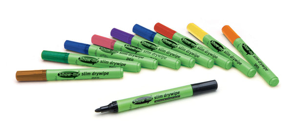 Show-me Pupils Slim Barrel Drywipe Pens Medium Tip Pack of 10 Assorted Colours